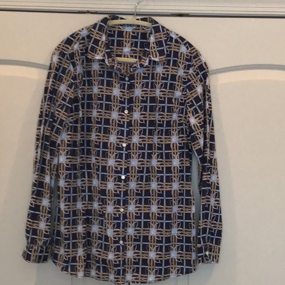 J. McLaughlin Women’s Button Up Blue Pattern Shirt 100% Cotton. Size Large